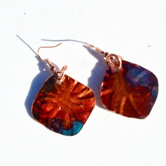 Modernist Red Blue Solid Copper Diamond Earrings Embossed Abstract Geometric - Picture 6 of 6